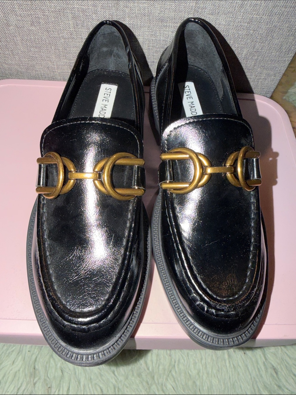 Steve Madden Black Patent Swamie Loafers size 8 with Gold Horsebit